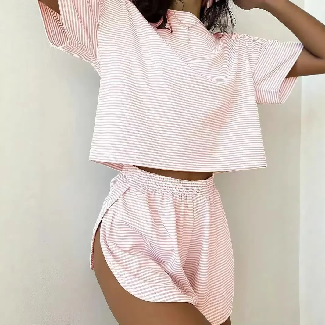 Damen Herbst Gestreifter Pyjama Locker Kurzarm Shorts Set Lässige Mode Outwear Homewear Polyester