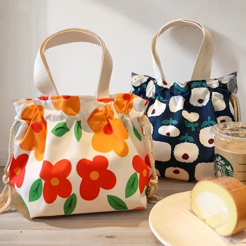 Sac à Déjeuner en Toile Imperméable Mignon Cordon de Serrage Tote Bento Pochette de Rangement
