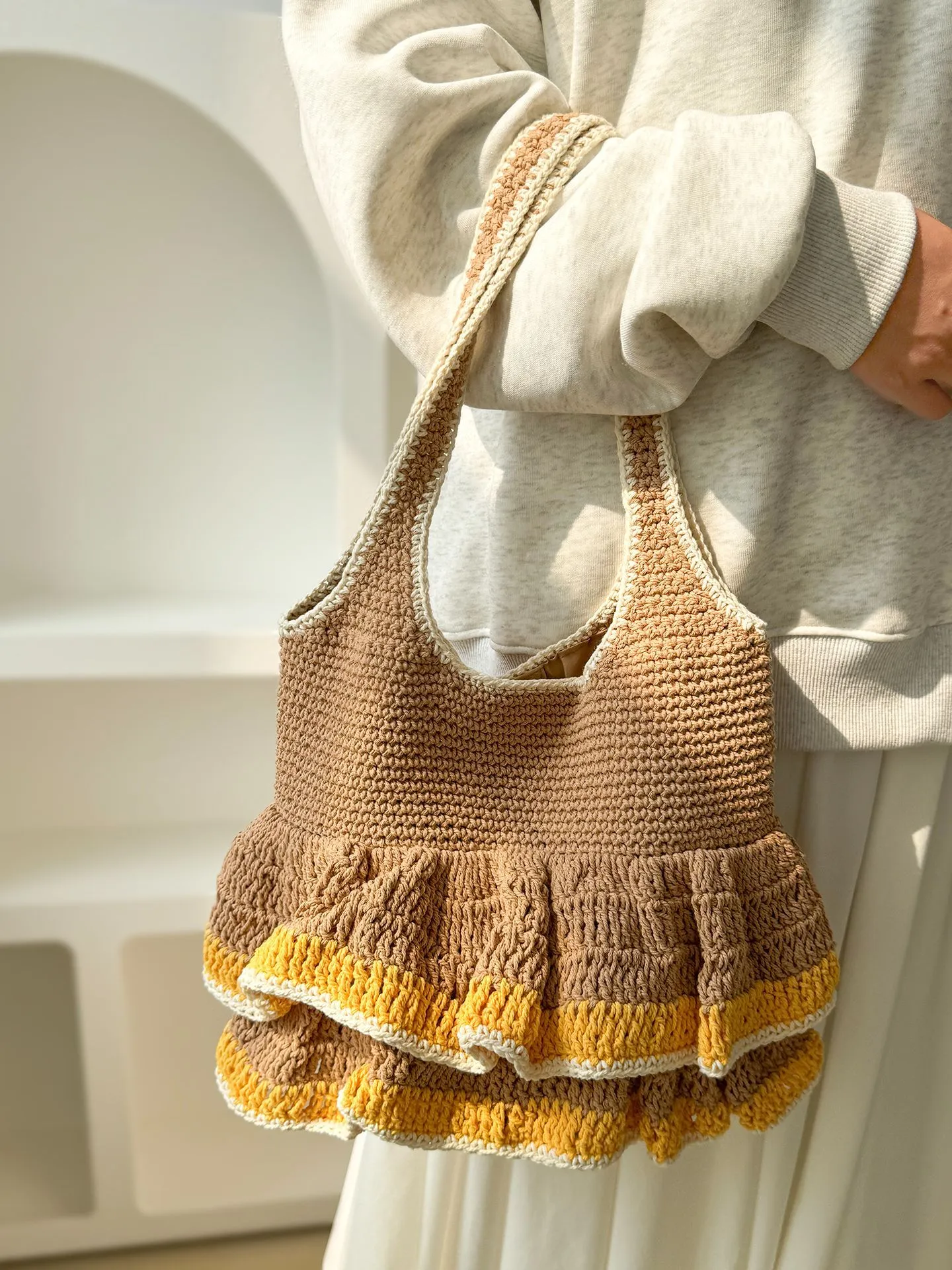 Damen Casual Große Kapazität Strick Tote Bag Handgemachte Gewobene Farbblock Eimer Bag Tägliche Pendler Umhängetasche