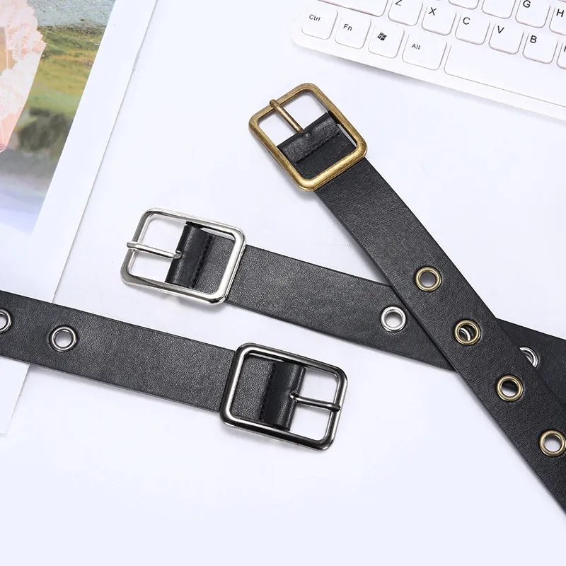 Women's Casual PU Leather Belt Vintage Square Metal Buckle Full Grommet Studded Black Waist Belt For Daily Wear