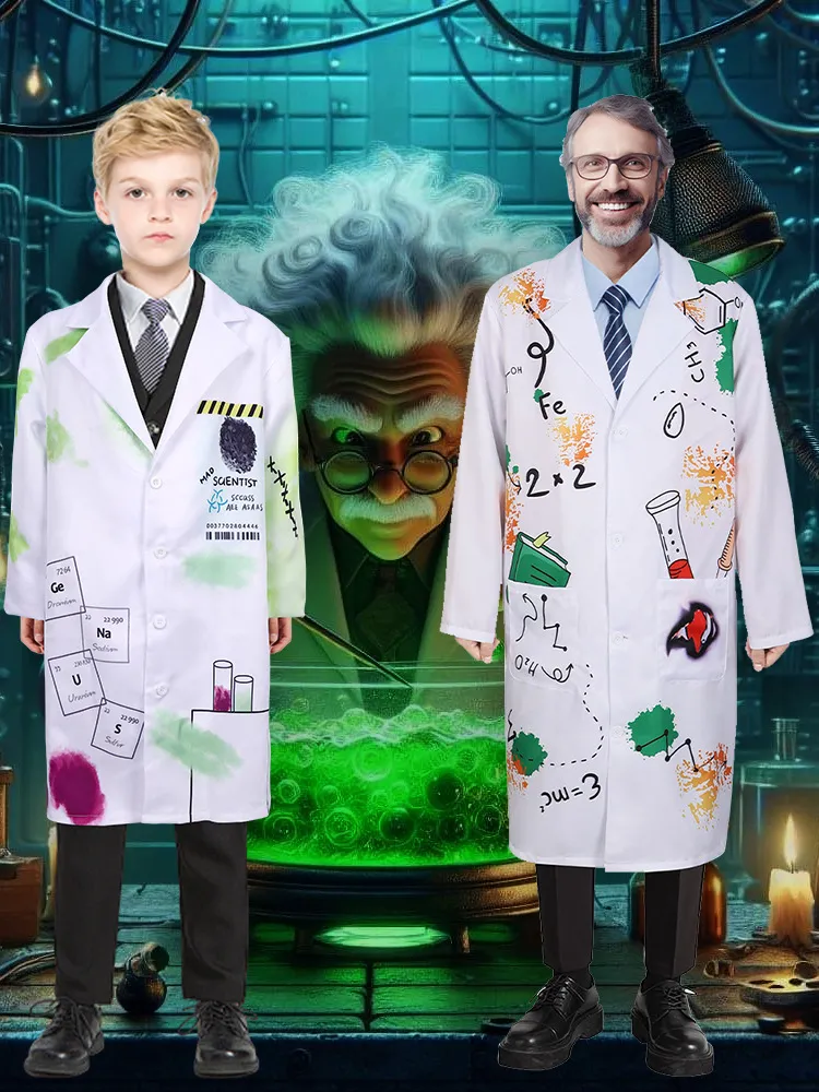 Costume de Scientifique Fou Enfants Adultes Blouse Blanche Expérience de Chimie Fête d'Halloween
