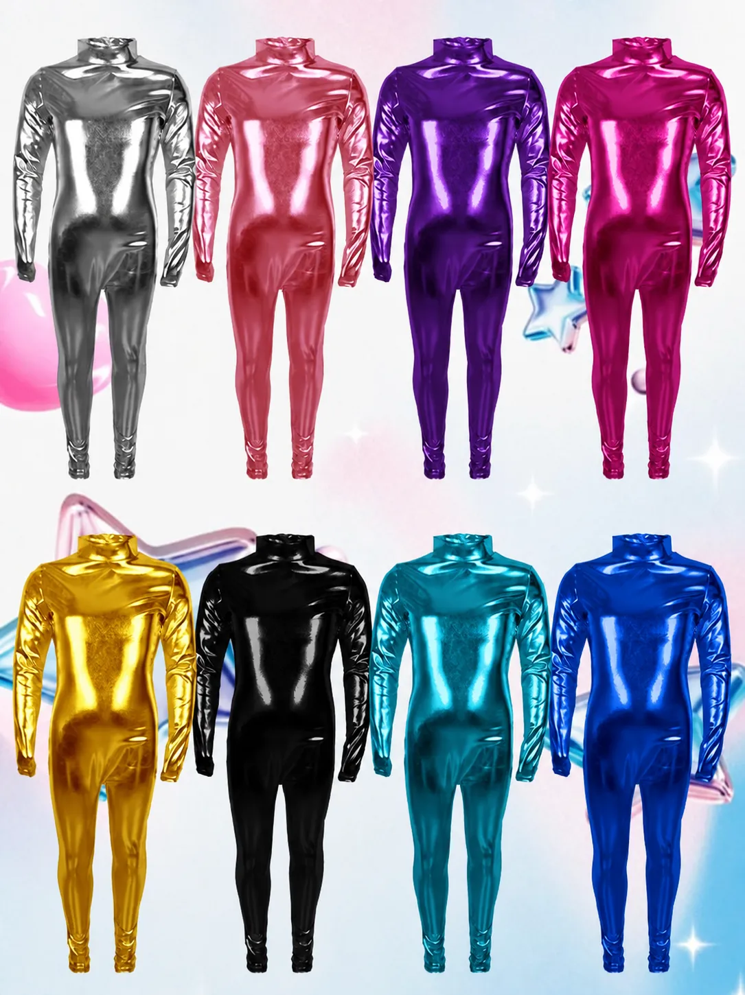 Combinaison Brillante Métallique Cosplay Halloween Enfants Manches Longues Col Montant Tenue de Scène