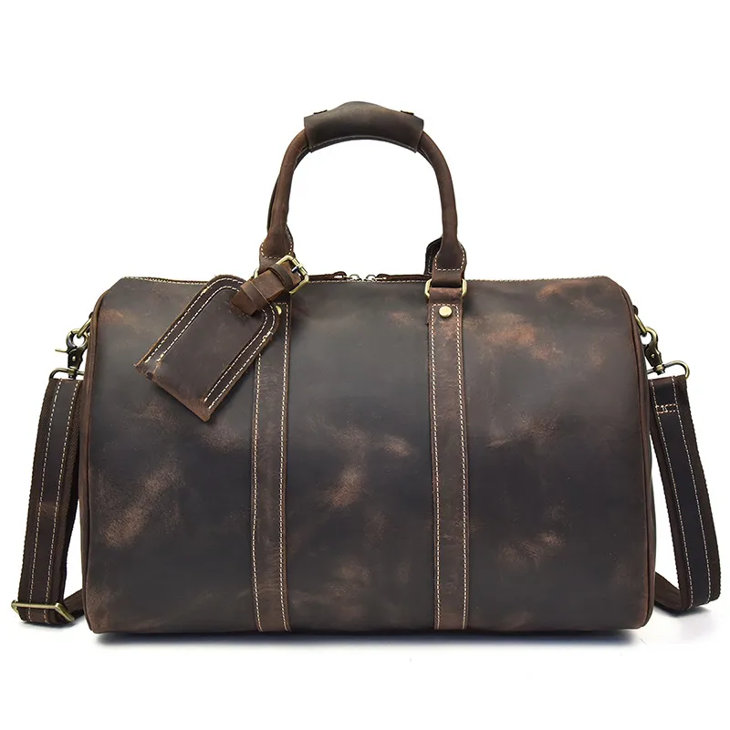 Sac de Voyage Duffel en Cuir Véritable Vintage Grande Capacité Hommes Affaires Bagages Sac à Main Rétro Casual Gym Nuit