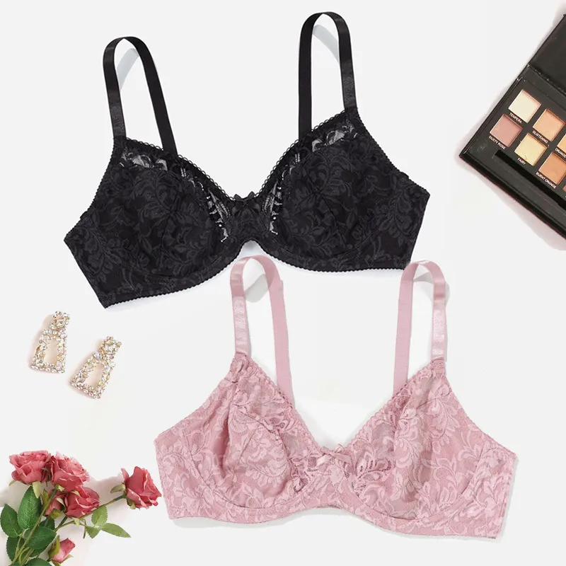 Women French Lace Bra Thin Full Cup Minimizer Bra Breathable Push Up Lingerie Plus Size Nylon Spandex Underwear For Large Bust