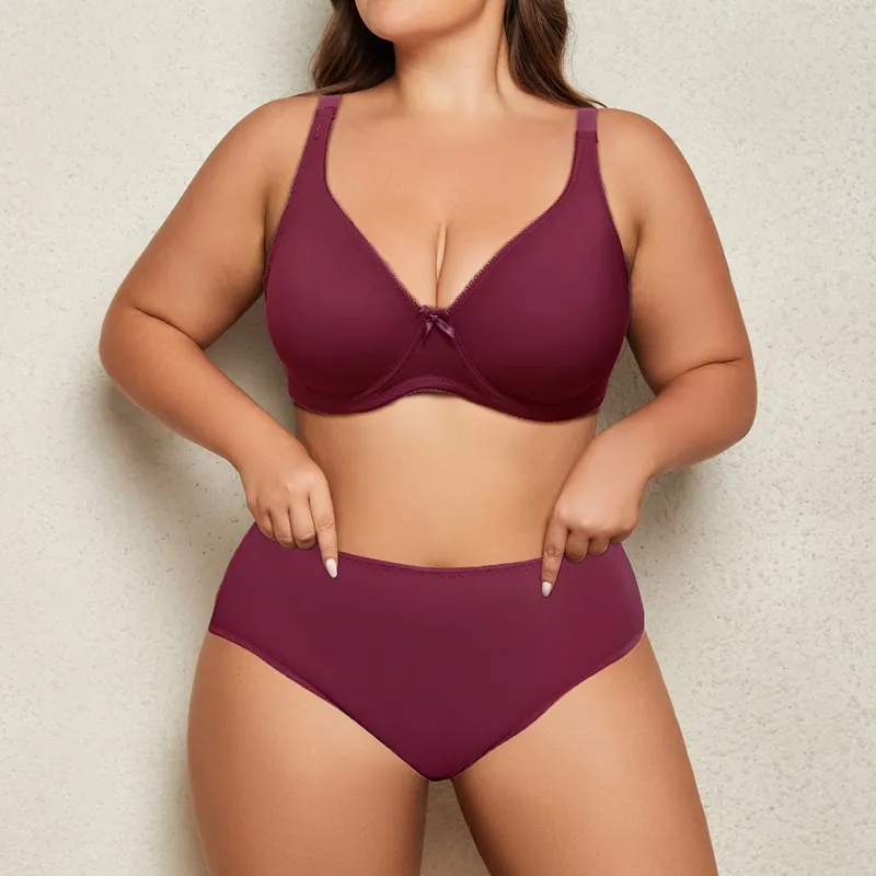 Women Plus Size Smooth Nylon Spandex Bra And Panty Set Ultra Thin Underwire Bra Seamless Comfortable Large Cup Lingerie Top And Bottom