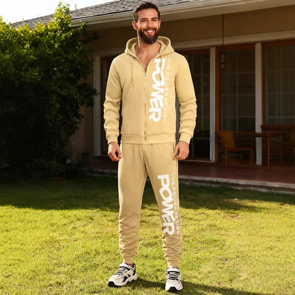 Herren Gefütterter Winter Freizeit Kapuze Reißverschluss Sweatshirt Und Jogginghose Oberteil Und Hose Bedruckte Sportbekleidung