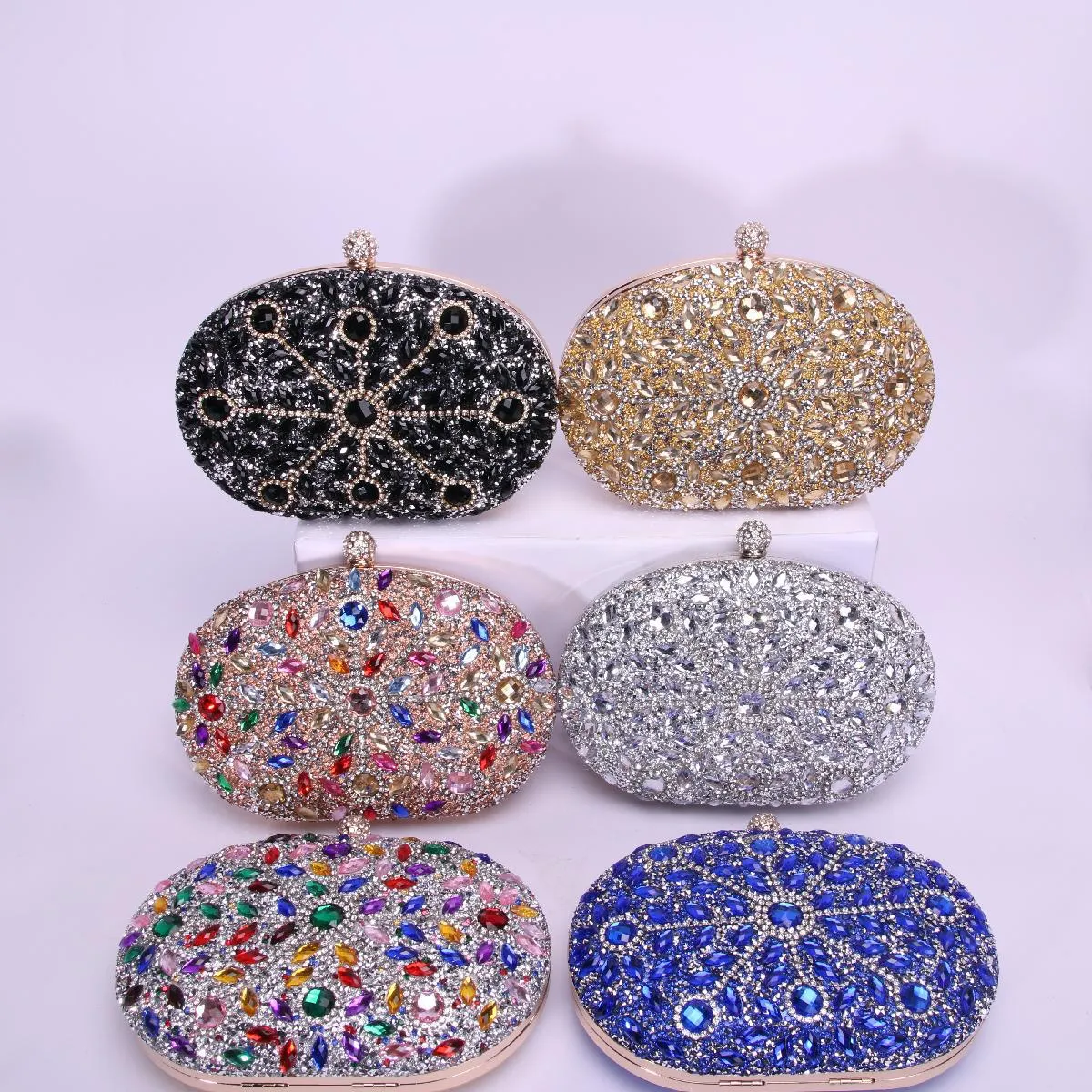 Sac de Soirée Mode pour Femmes Ovale Strass Pochette Porte-Monnaie Vintage Banquet Fête Sac à Main Avec Cadre Métallique
