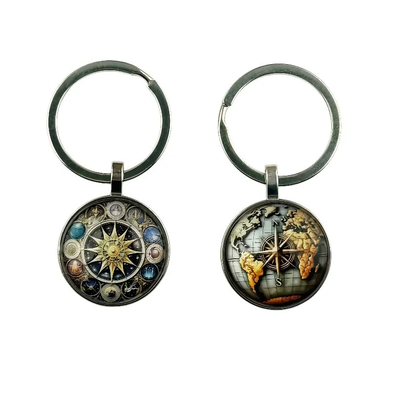 Vintage Universe Star Compass World Map Keychain Alloy Cabochon Key Ring Creative Bag Pendant Fashion Jewelry Gift