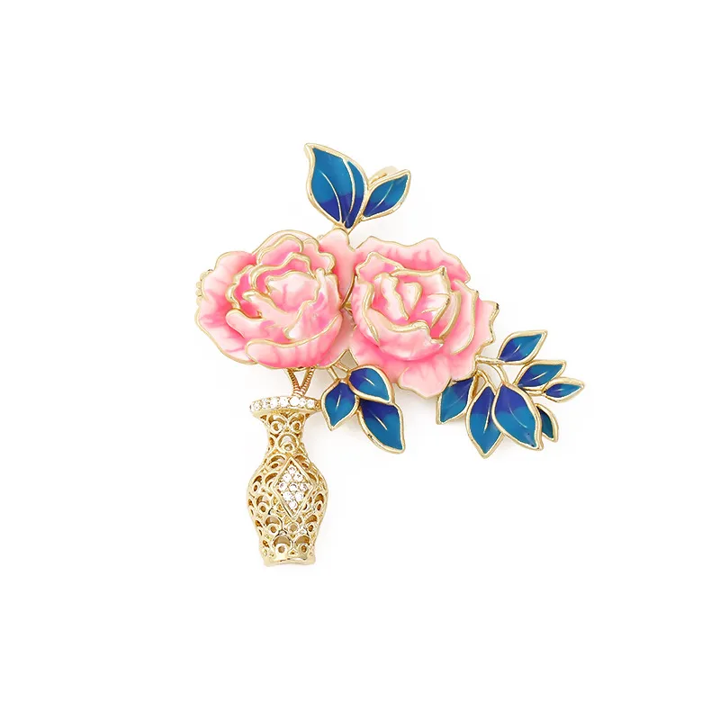 Chic Chinese Style Peony Flower Vase Brooch Pin Gold Plated Enamel Rhinestone Elegant Corsage Jewelry For Women