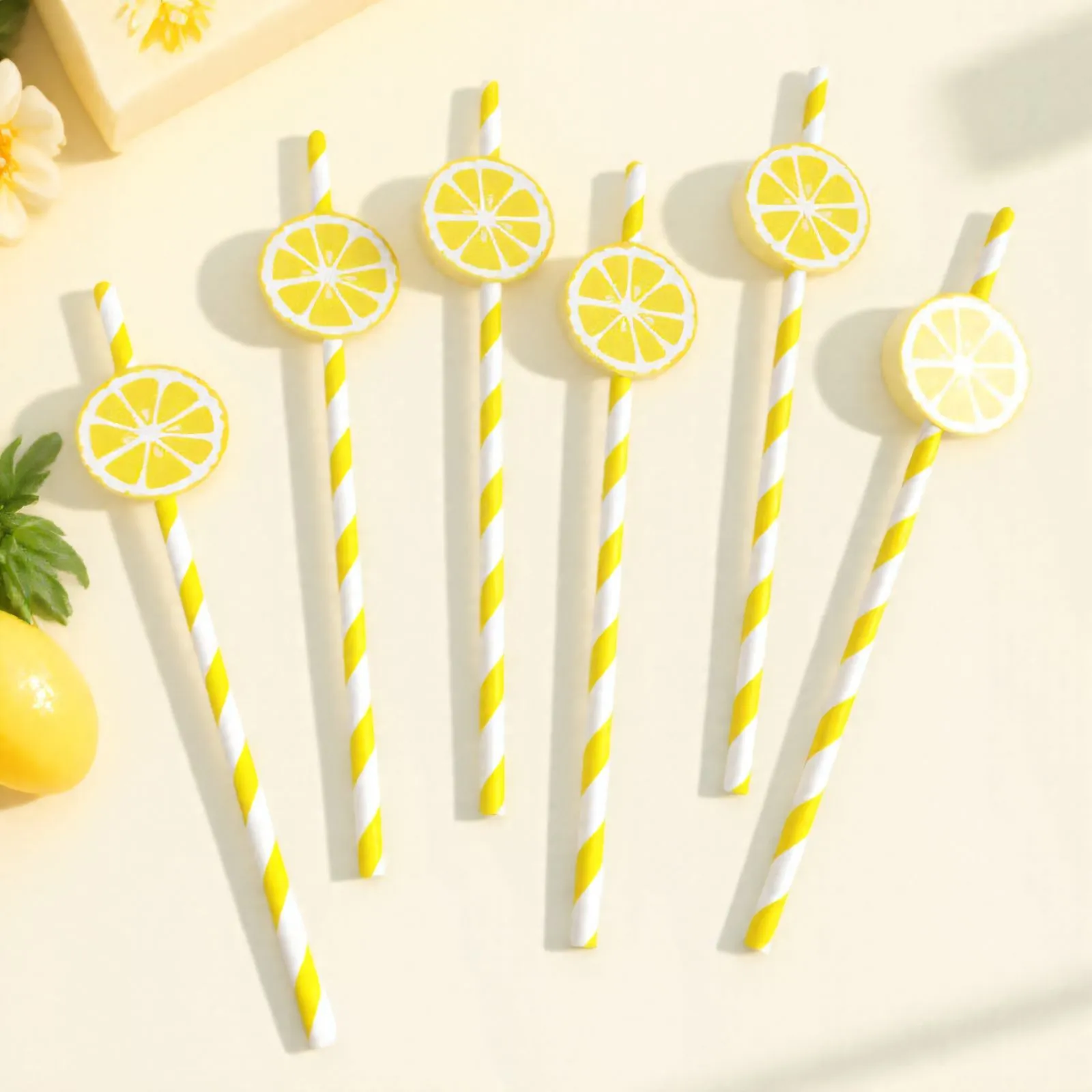 Creative Yellow Striped Disposable Paper Straws With Lemon Cutout Cards Party Drinkware Decorative Tableware Accessories