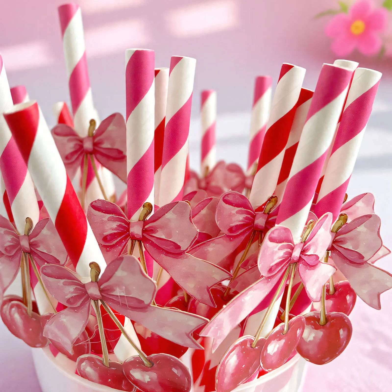 Biodegradable Paper Straws With Bow And Cherry Decor Disposable Striped Drinking Straws For Holiday Party Wedding Supplies