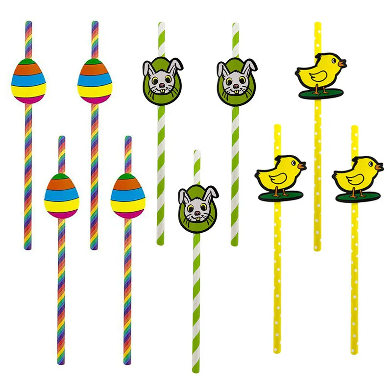Pajitas de Papel Biodegradables para Fiesta de Pascua Decoración de Conejito Huevo Pollito Para Suministros de Fiesta