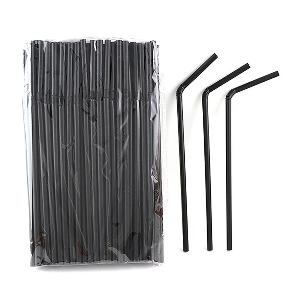 Pailles à Boire en Plastique Jetables Pailles Flexibles pour Cocktails Jus Bar Fête Utilisation Quotidienne Noir et Transparent