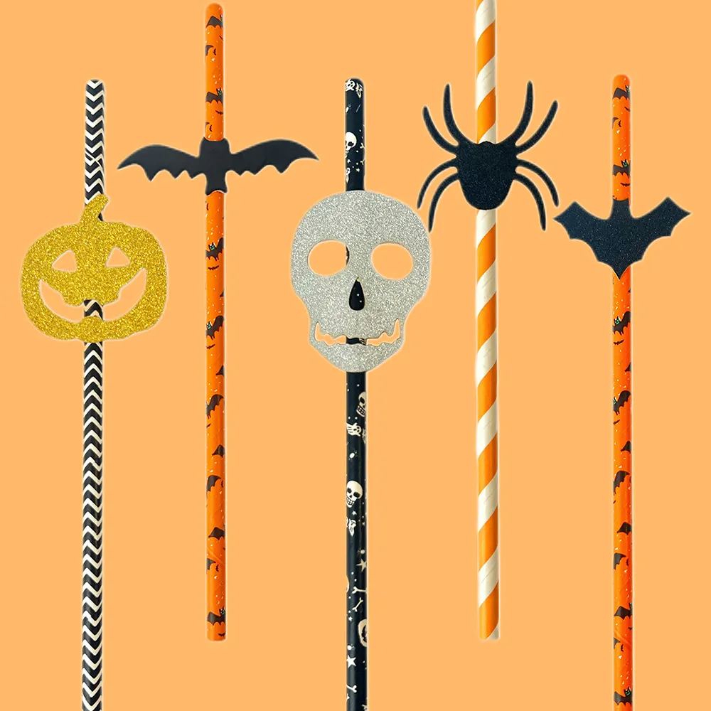 Disposable Paper Straws Halloween Party Decorative Drink Straws With Pumpkin Bat Skull Spider Accents Festive Supplies