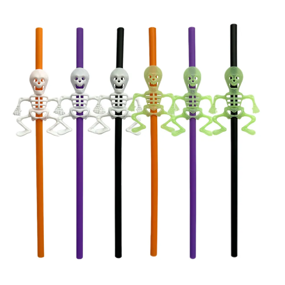 Halloween Party Plastic Drinking Straws With Fluorescent Skull Ghost Decor Colorful Beverage Straws For Festival