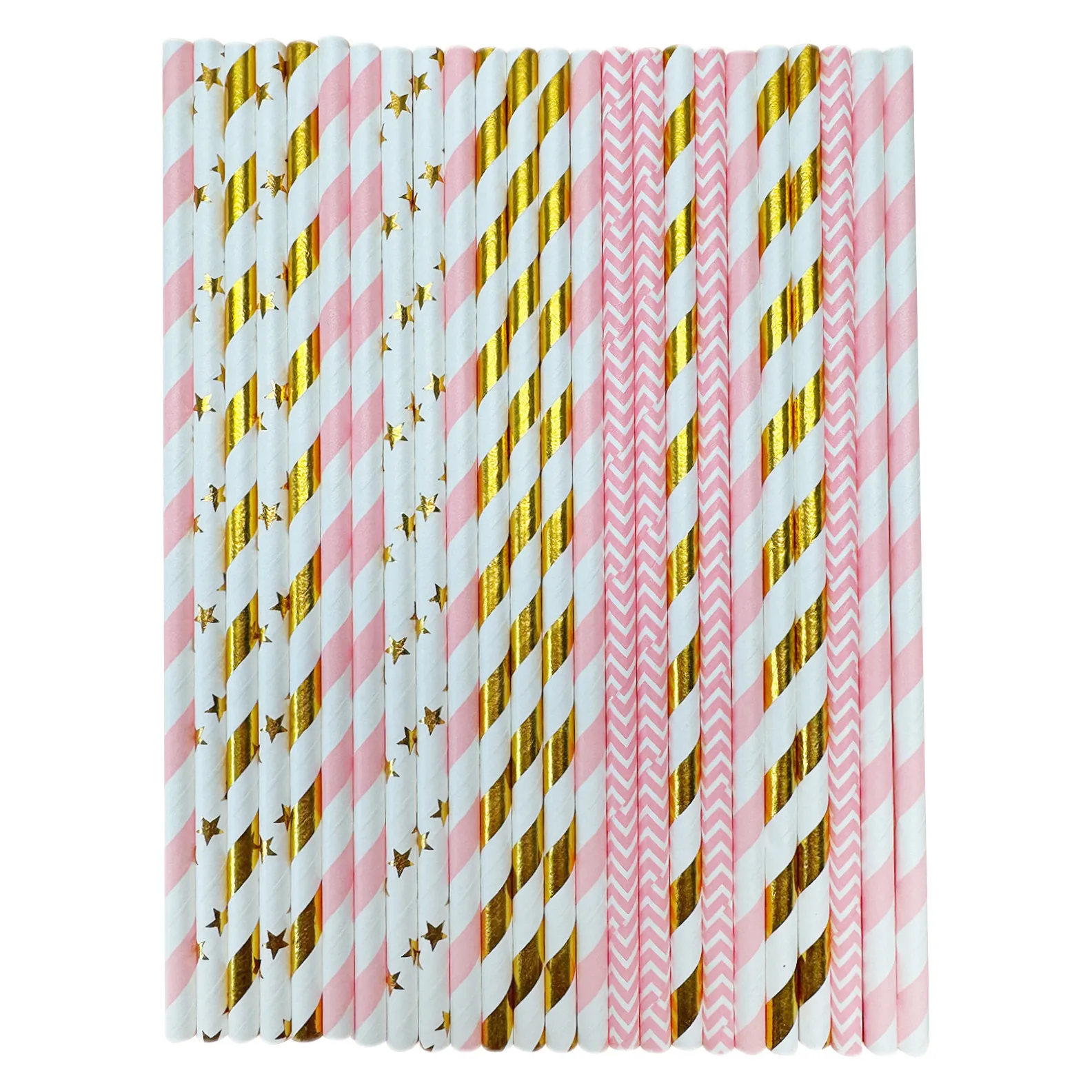 Disposable Biodegradable Paper Straws Pink Gold Foil Striped Star Wave Pattern Eco Friendly Drinking Straws For Party