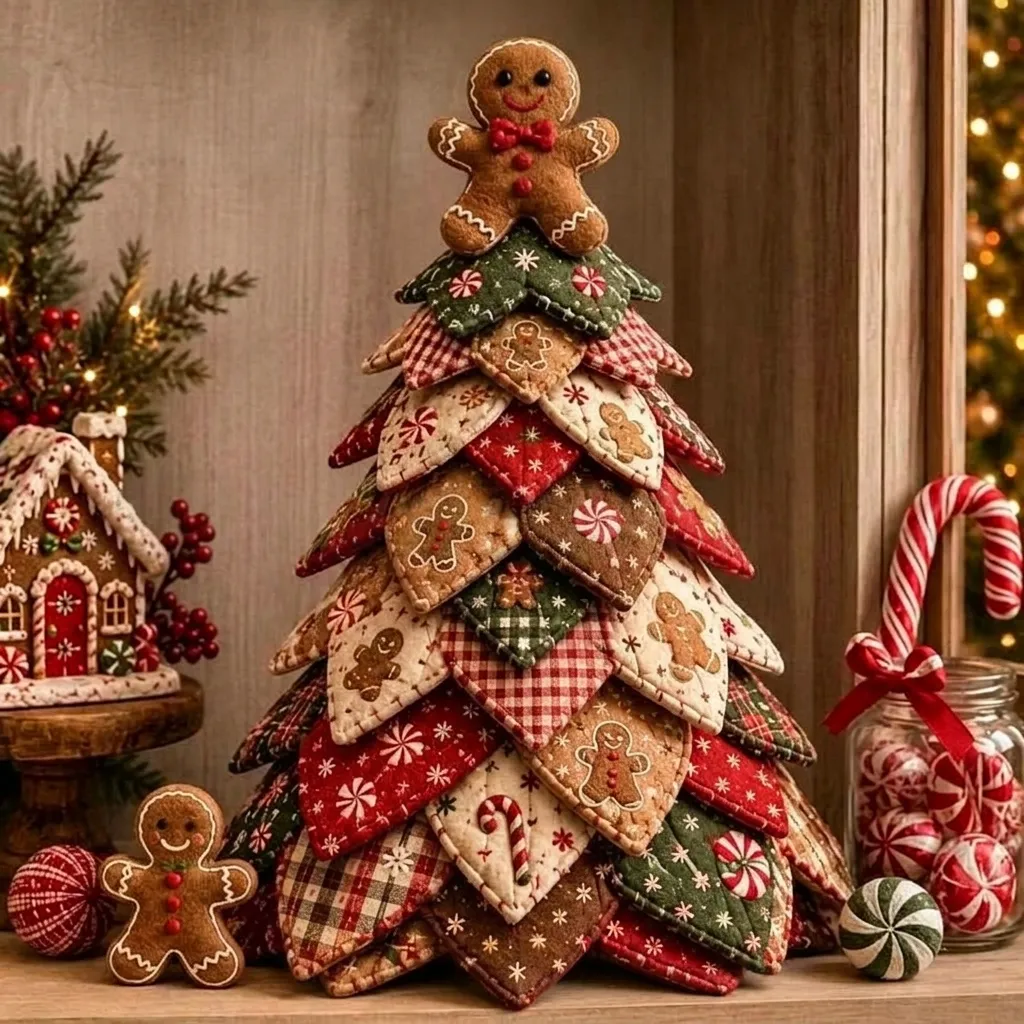 DIY Quilted Fabric Christmas Tree Kit Handmade Patchwork Holiday Tree Desktop Decor Gingerbread Snowman Theme Ornament