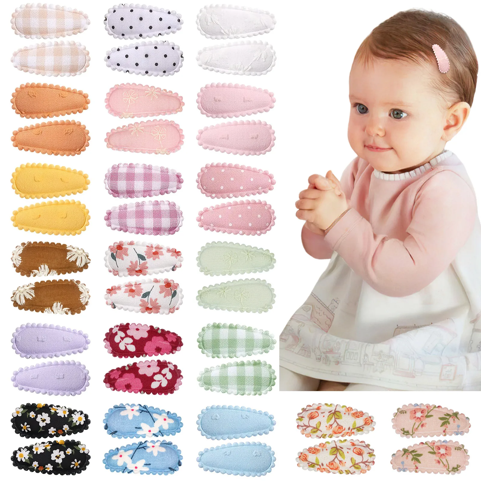 Barrette Clic Clac en Tissu Mignon pour Enfants Goutte d'Eau Brodé Floral Carreaux à Pois Épingles à Cheveux Fait à la Main Petit Accessoires Cheveux Filles