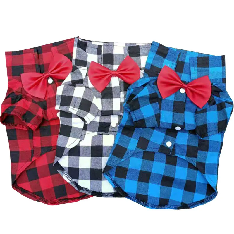 Pet Plaid Shirt Tuxedo With Bowtie Cute Dog Cat Vest Clothes Puppy Apparel British Style Polyester Pet Outfit