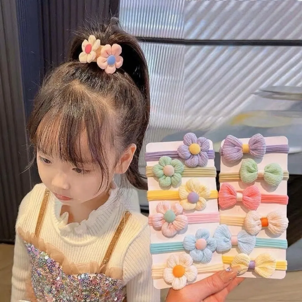 Children Bow Flower Hair Ties High Elastic Scrunchies For Girls Candy Color Fabric Hair Bands Daily Accessories