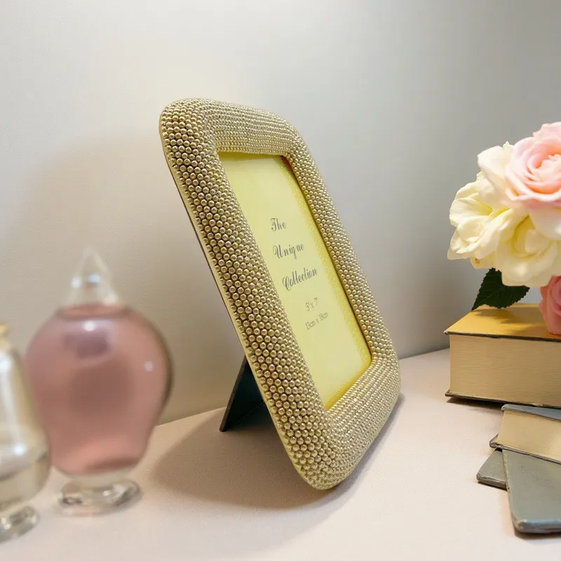 Resin Picture Frame 5x7 Inch Pearl Beaded Decorative Photo Frame For Tabletop Home Office Living Room Desk Decor Gold Silver