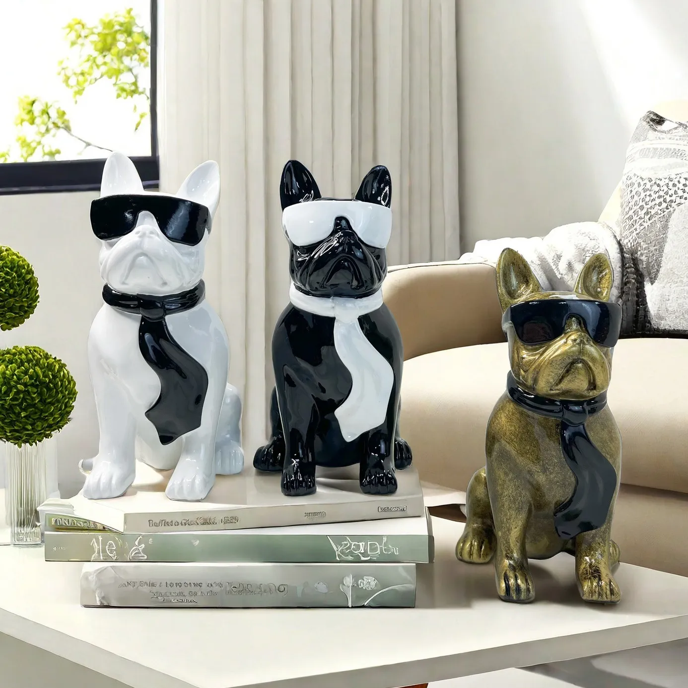 Modern Resin French Bulldog Figurine Statue Desktop Ornament Cool Sunglasses And Tie Dog Sculpture For Home Office Decor