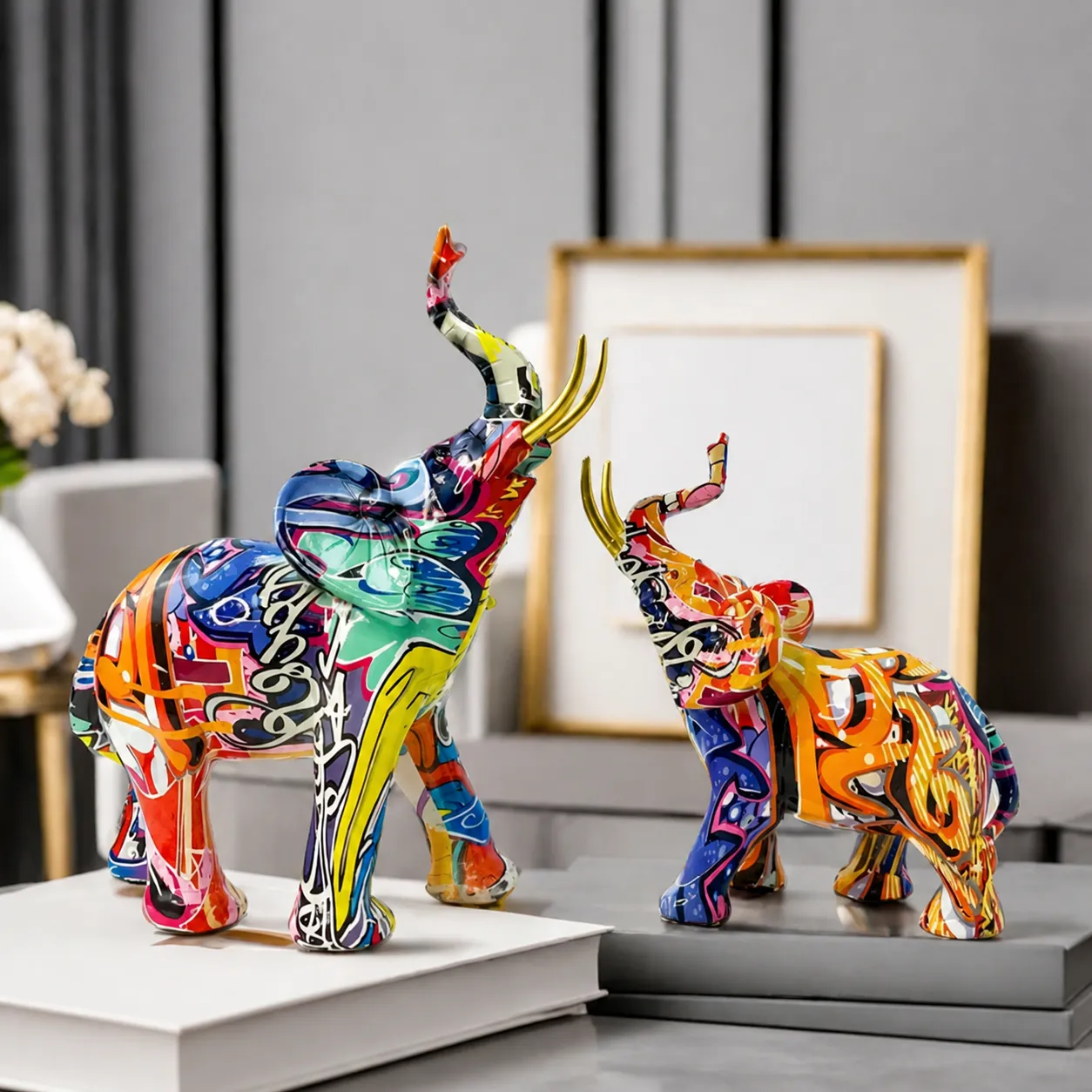 Statue Moderne et Creative de Figurine d'Elephant en Resine Coloree Graffiti Art Sculpture d'Animal Maison Salon Bureau Decor