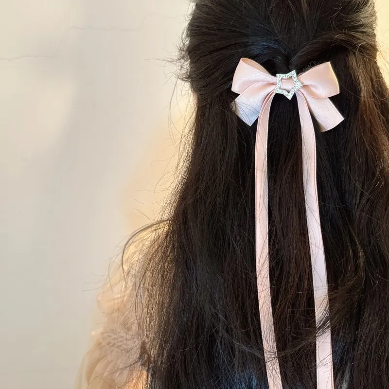 Sweet Satin Bowknot Hair Clip For Women Fresh Ribbon Star Rhinestone Headwear Handmade Side Duckbill Barrettes Fashion Hair Accessories