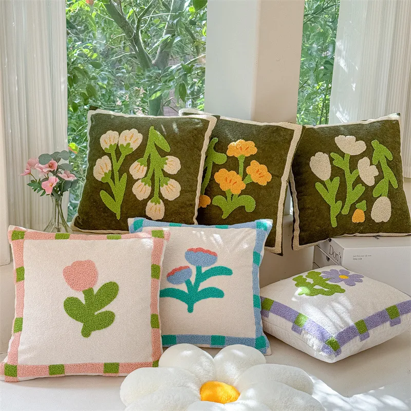 Cartoon Retro Green Plant Tulip Cloud Plush Towel Embroidery Little Wildflower Throw Pillow Cushion Sofa Cover