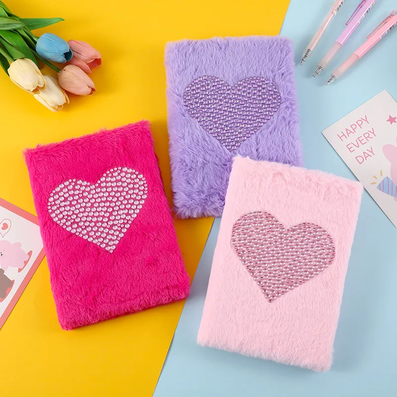Schattig Pluche Notitieboekje Studentendagboek Met Strass Hart Kawaii Kantoorartikelen Cadeau Dagelijks Schrijven Notitieboekje