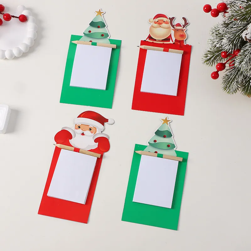 Christmas Sticky Notes Pad With Wooden Pen Set Portable Memo Message Board Holiday Cartoon Stationery Gift For Kids