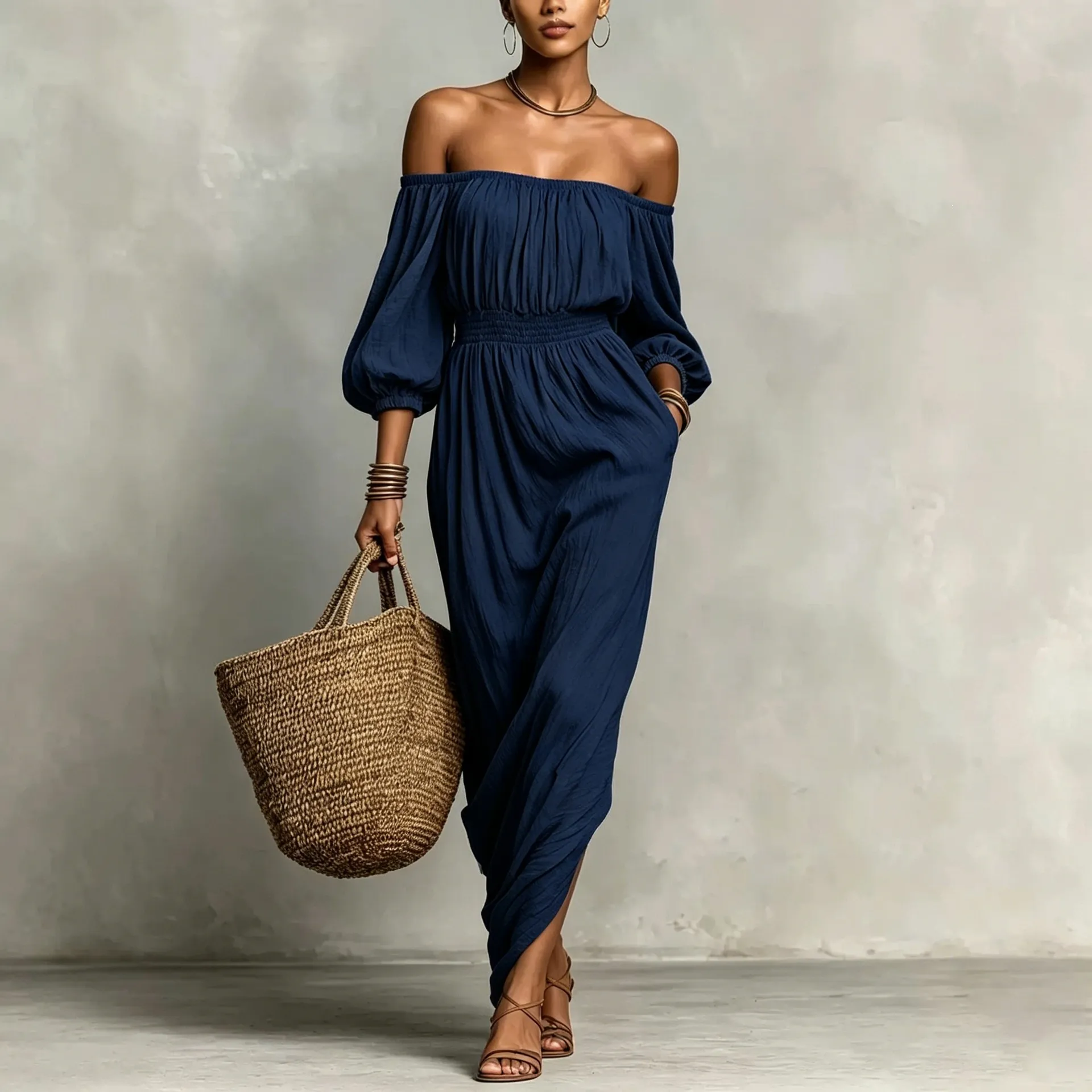 Damen Schulterfreies Langarm Midikleid Gesmokte Taille Einfarbig Casual Resort Wear Elegantes Mode Partykleid