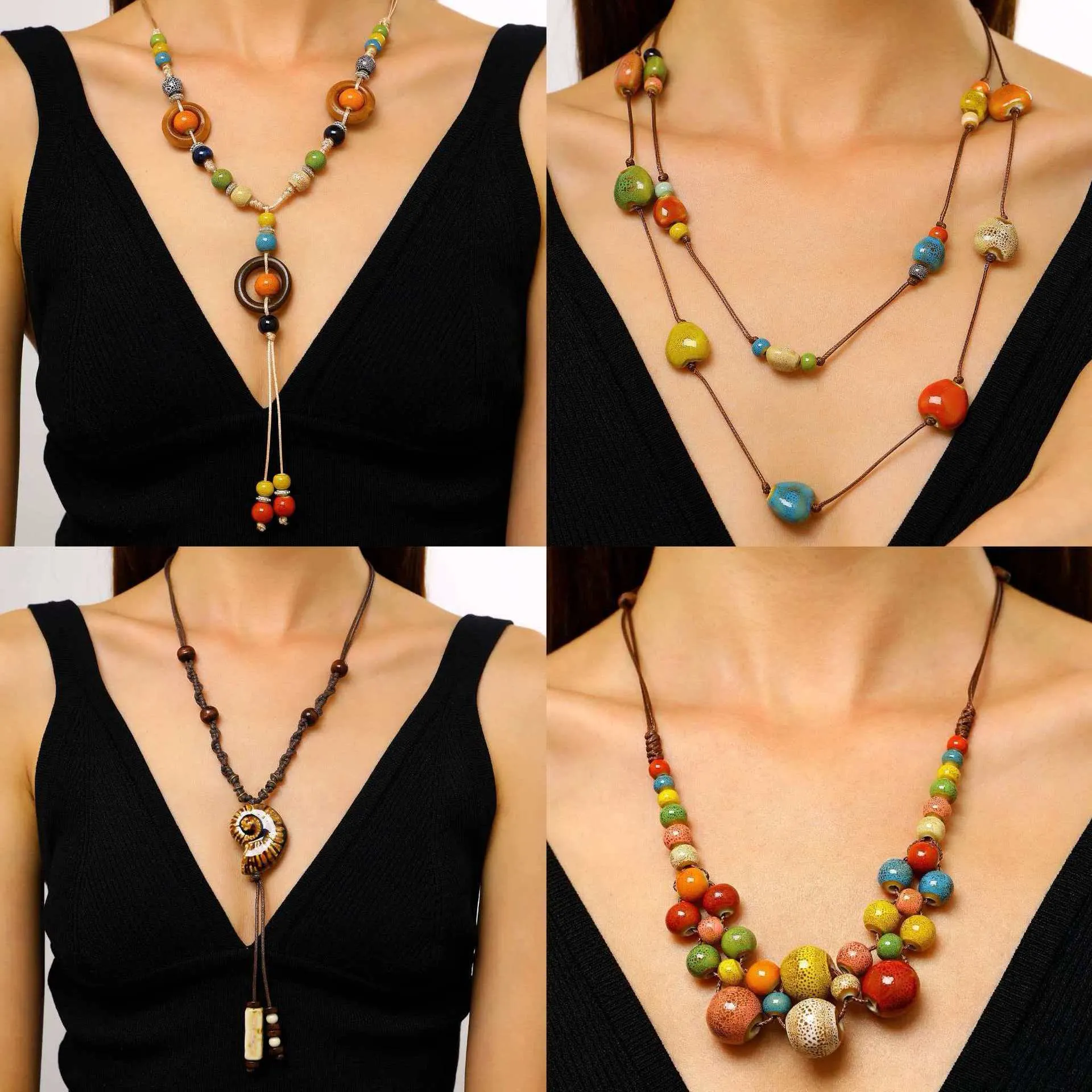 Bohemian Style Colorful Ceramic Beaded Necklace Vintage Ethnic Handmade Long Clavicle Chain Jewelry For Women