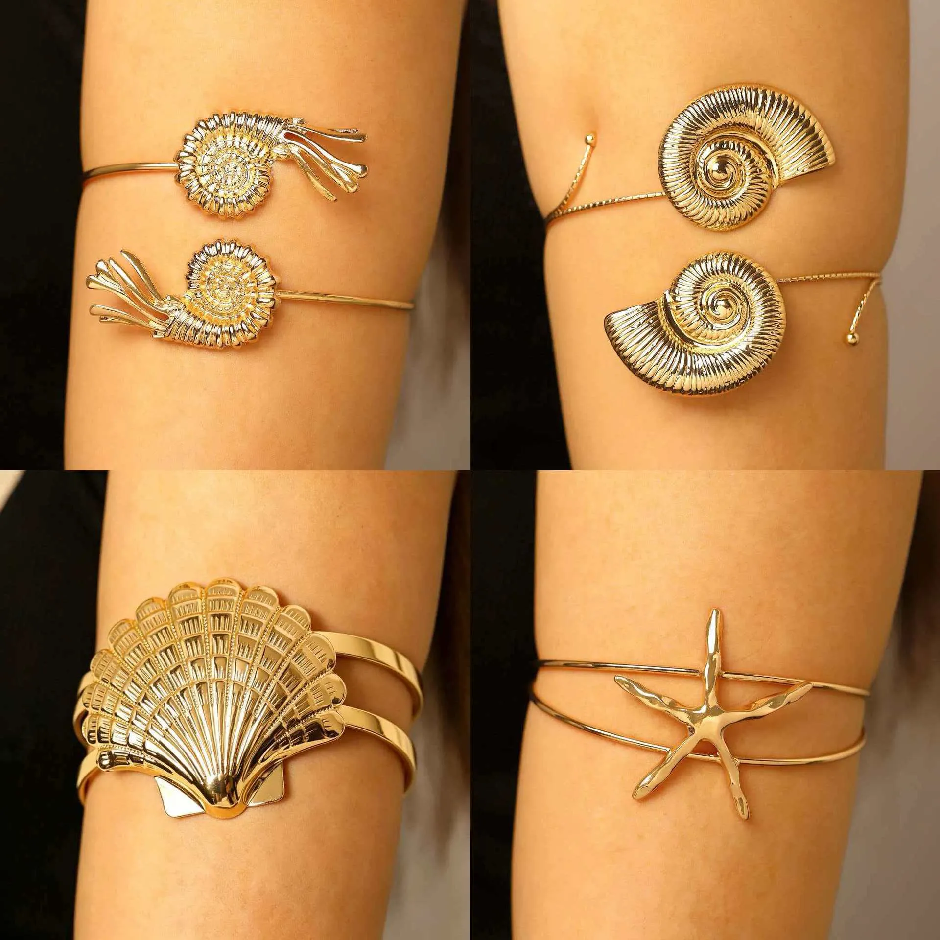 Fashion Zinc Alloy Open Arm Cuff Beach Vacation Conch Starfish Shell Adjustable Upper Arm Bracelet For Women Jewelry
