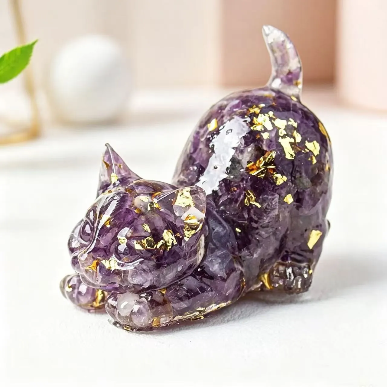 Natural Crystal Gravel Epoxy Resin Tail-up Cat Ornament Desktop Figurine For Home Office Decor Cute Kitten Statue Handmade Gift