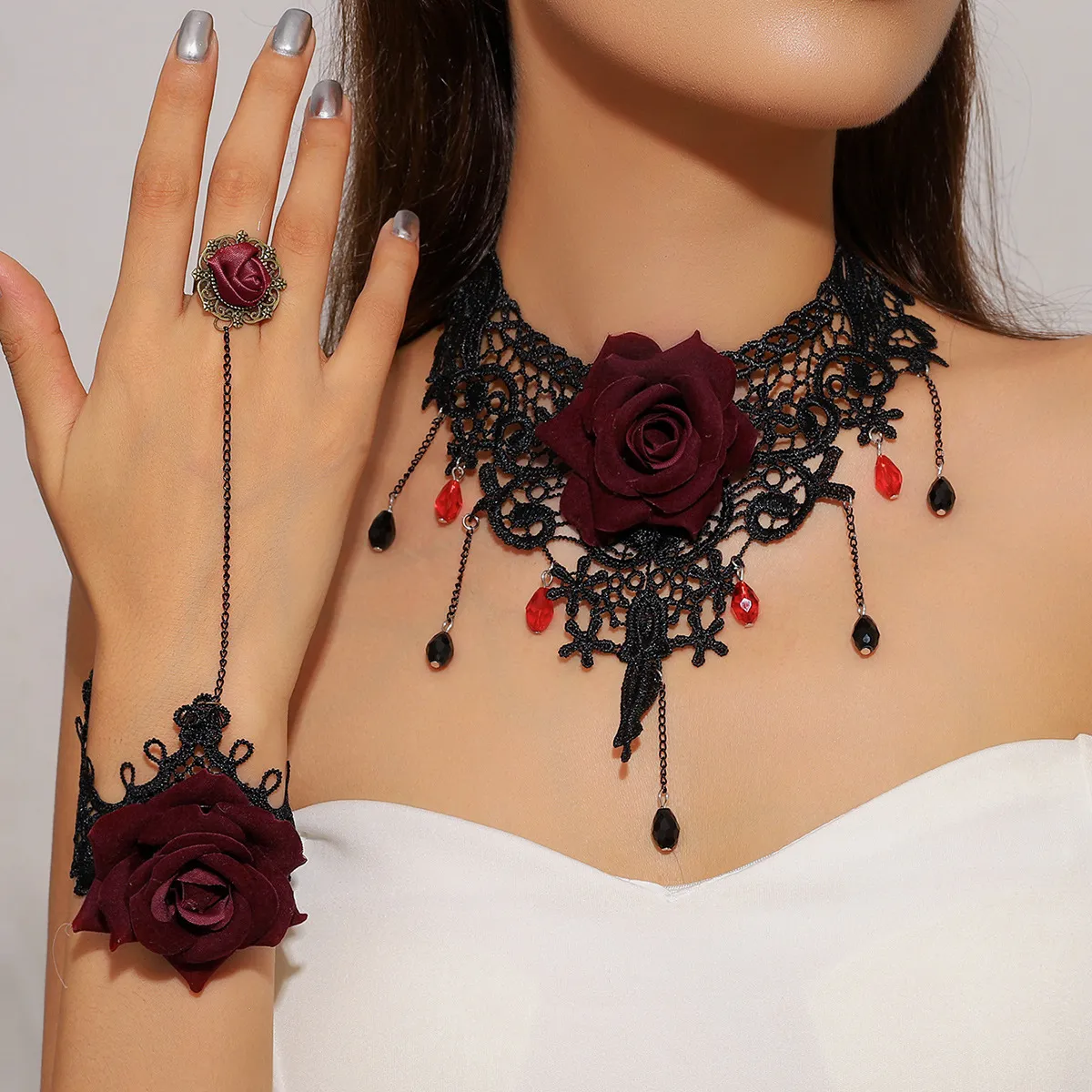 Gothic Black Lace Flower Jewelry Set For Women Vintage Rose Choker Necklace Bracelet Ring Set Halloween Costume Party Accessories