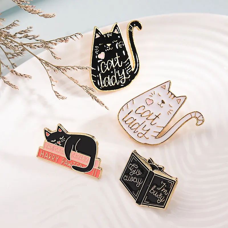 Cartoon Cartoon Cat Alloy Enamel Brooch Pin Cat Lady Harry Pawter The Great Catsby Humorous Letter Animal Book Lapel Pins For Women Clothing Jewelry Gift