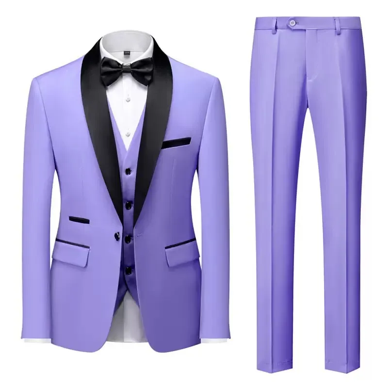 Men Polyester Slim Fit Suit Set With Blazer Vest And Pants Shawl Collar Single Breasted Wedding Party Business Suit Tuxedo