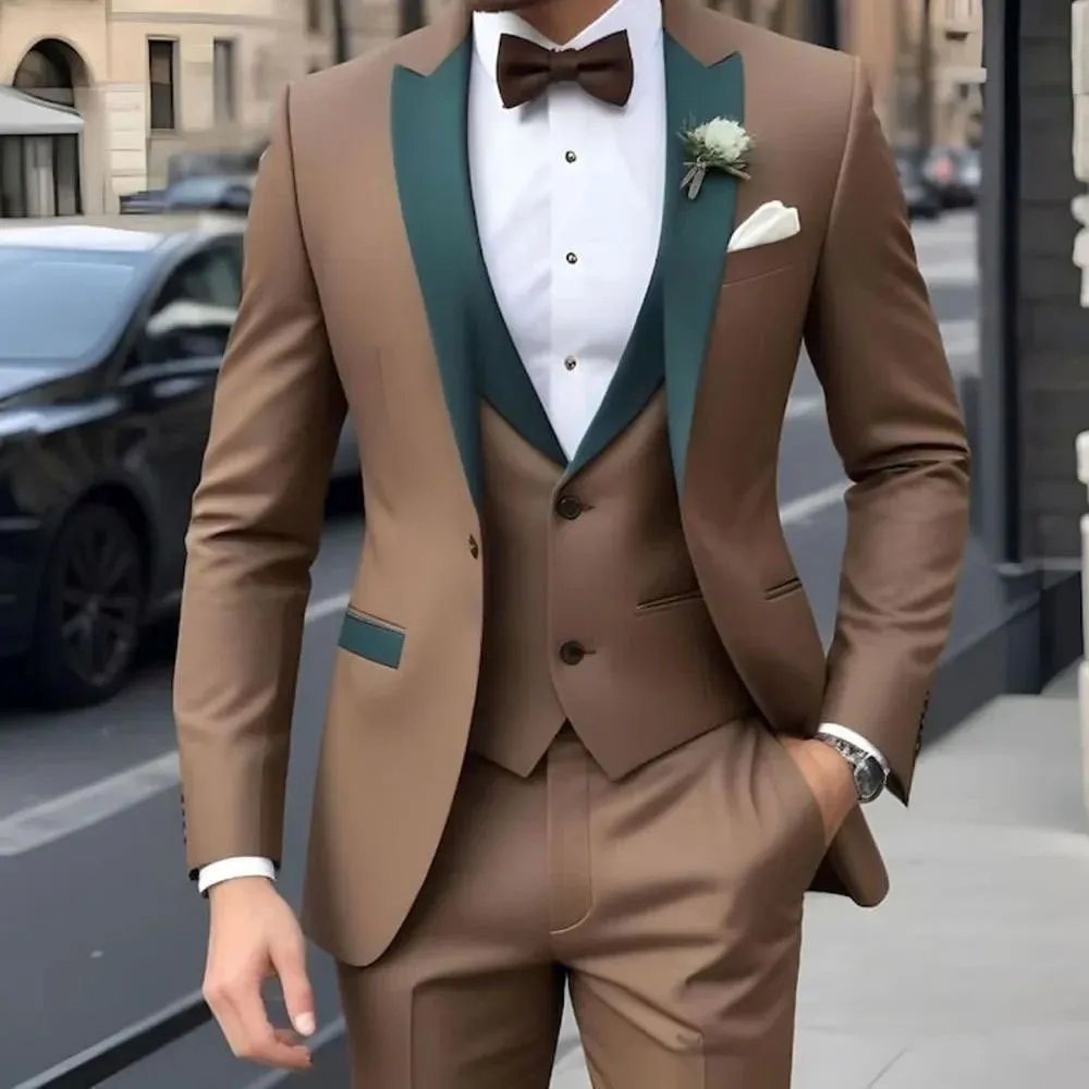 Men Slim Fit Top And Bottom Business Suit Peak Lapel Blazer Vest Pants Formal Tuxedo Wedding Party Groom Attire