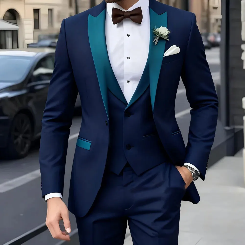 Men Business Formal 3-Piece Suit Set Slim Fit Peak Lapel Color Block Acetate Polyester Suit For Banquet Party Wedding