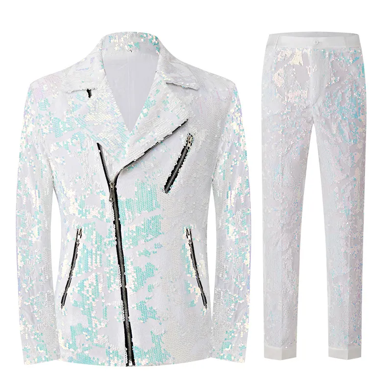 Veste de Moto à Paillettes Blanches pour Hommes Haut Et Bas Punk Costume de Chanteur pour Spectacle Fermeture Éclair Asymétrique Veste Coupe Cintrée