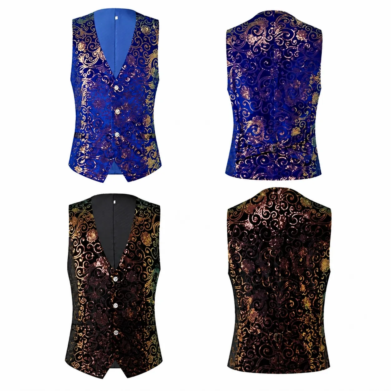 Men British Style Printed Suit Vest Slim Fit V-Neck Single-Breasted Waistcoat For Wedding Performance Stage Formal Top