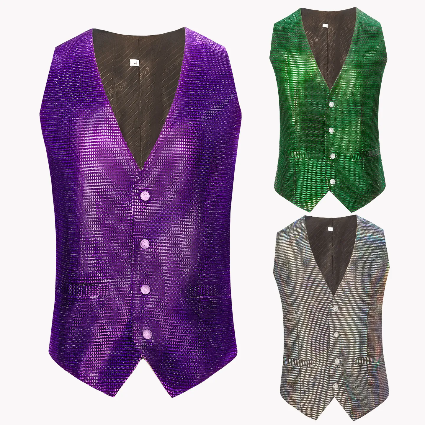 Herren Glänzende Pailletten Weste Und Hose Top Und Bottom Bühnen Performance Anzug V-Ausschnitt Einreihig Glitter Outfits