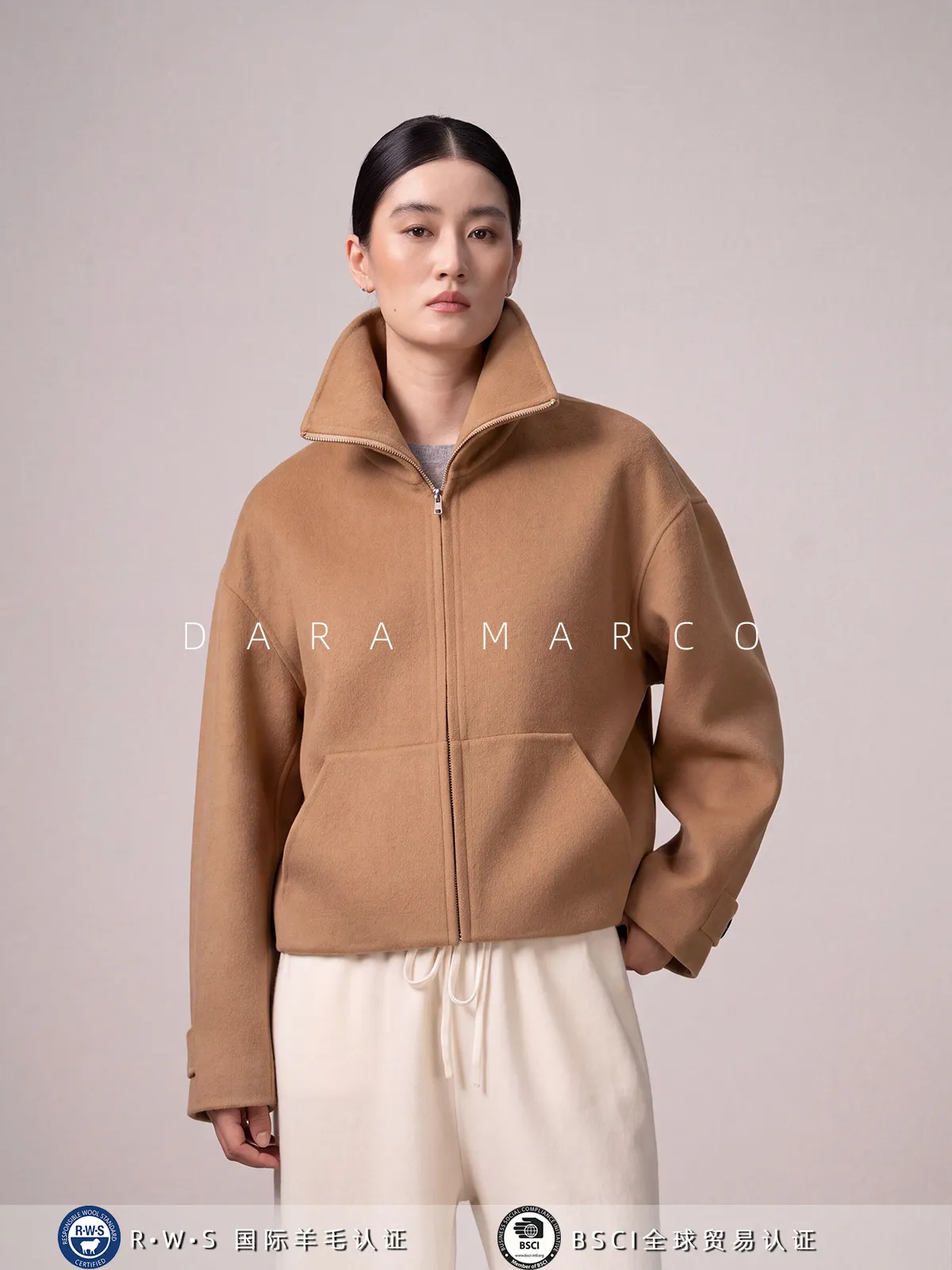 Women Luxury Cashmere Silk Wool Blend Jacket Zip Up Short Coat Fall Winter Outwear Solid Color Elegant High-End Feel Coat