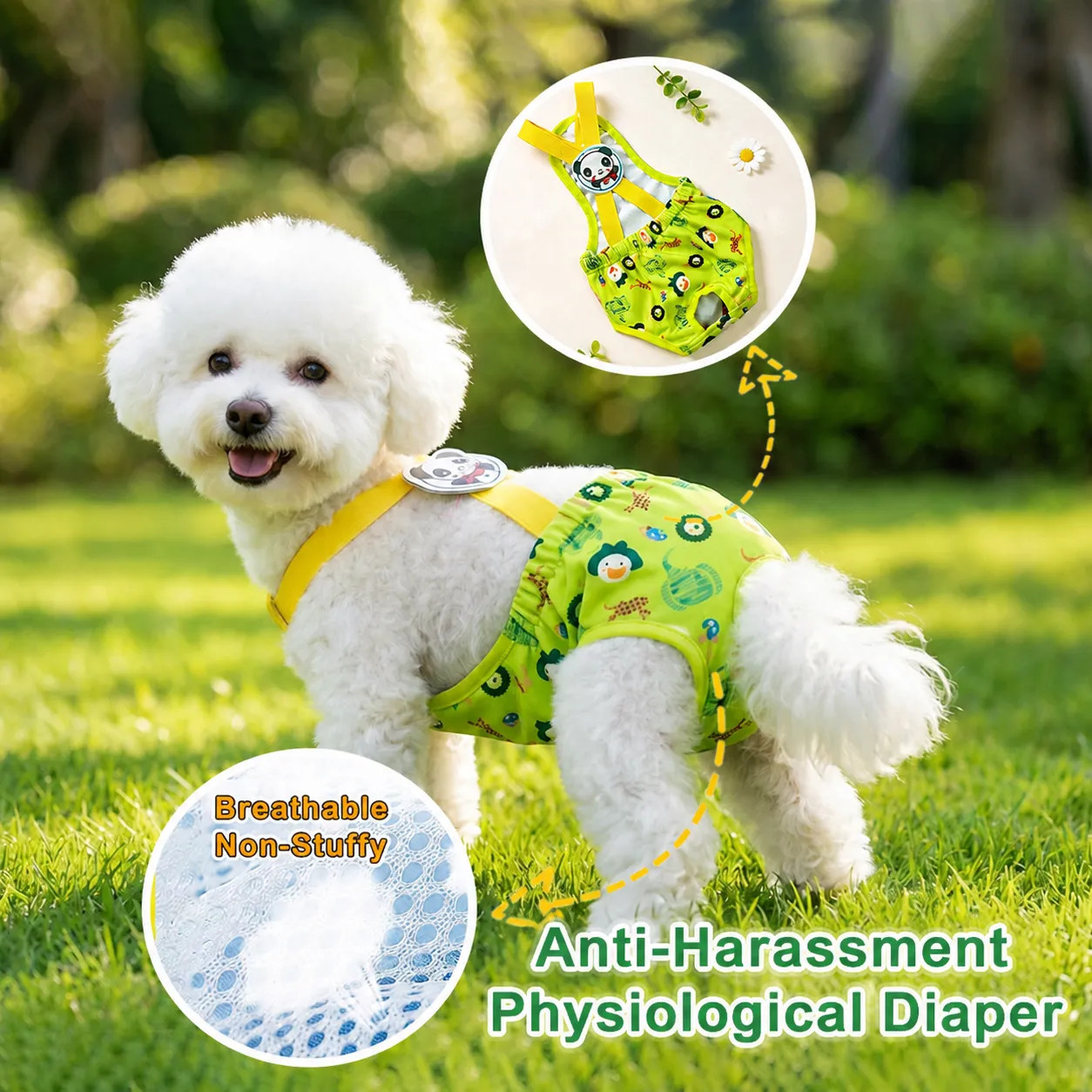Pantalones Fisiológicos para Perro de Mascota Pañales Sanitarios Lavables Lindo Estampado de Animales de Dibujos Animados Malla Transpirable Anti Acoso