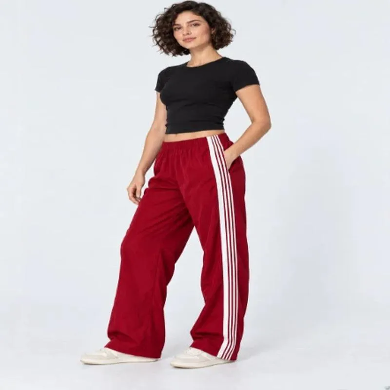 Pantaloni della Tutta Larga a Righe Casual da Donna Vita Alta Elastico Pantaloni Sportivi Moda Streetwear