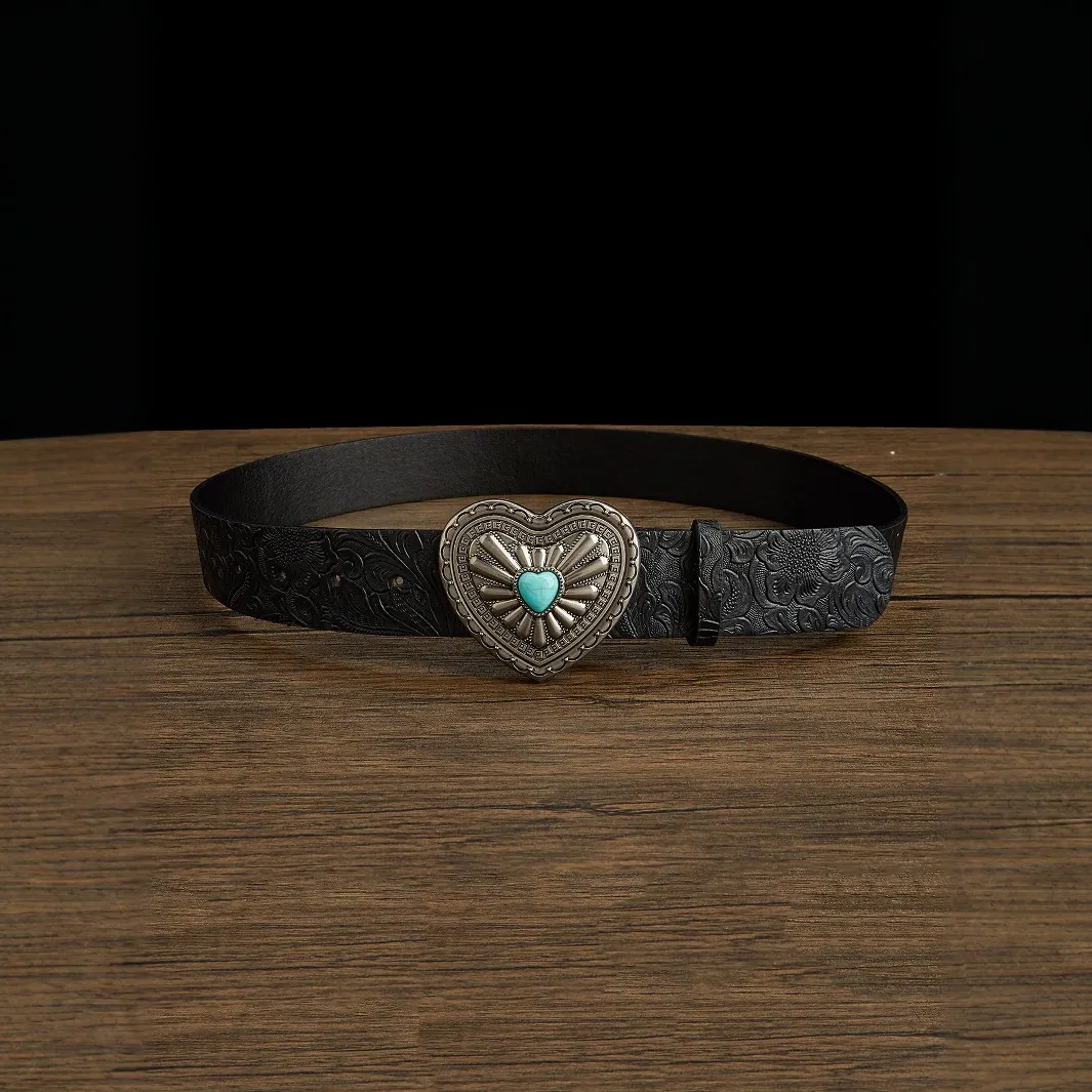 Retro Bohemian PU Leather Belt For Women Vintage Embossed Wide Waist Belt With Turquoise Heart Metal Buckle Casual Jeans Belt