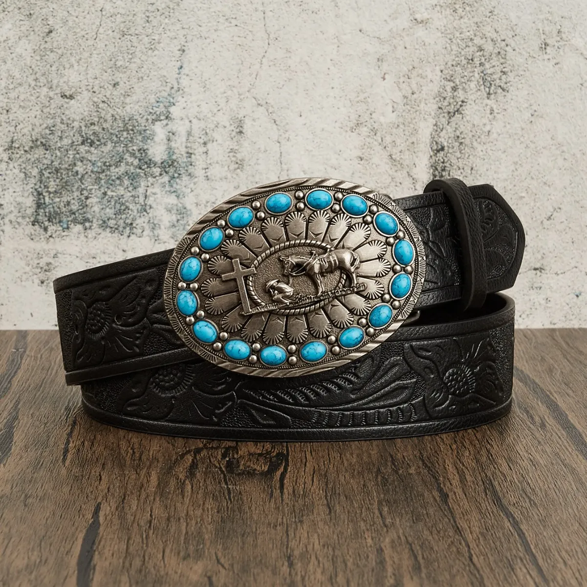 Western Vintage Embossed PU Leather Belt With Turquoise Alloy Buckle Cross Horseback Riding Relief Men Cowboy Decorative Belt