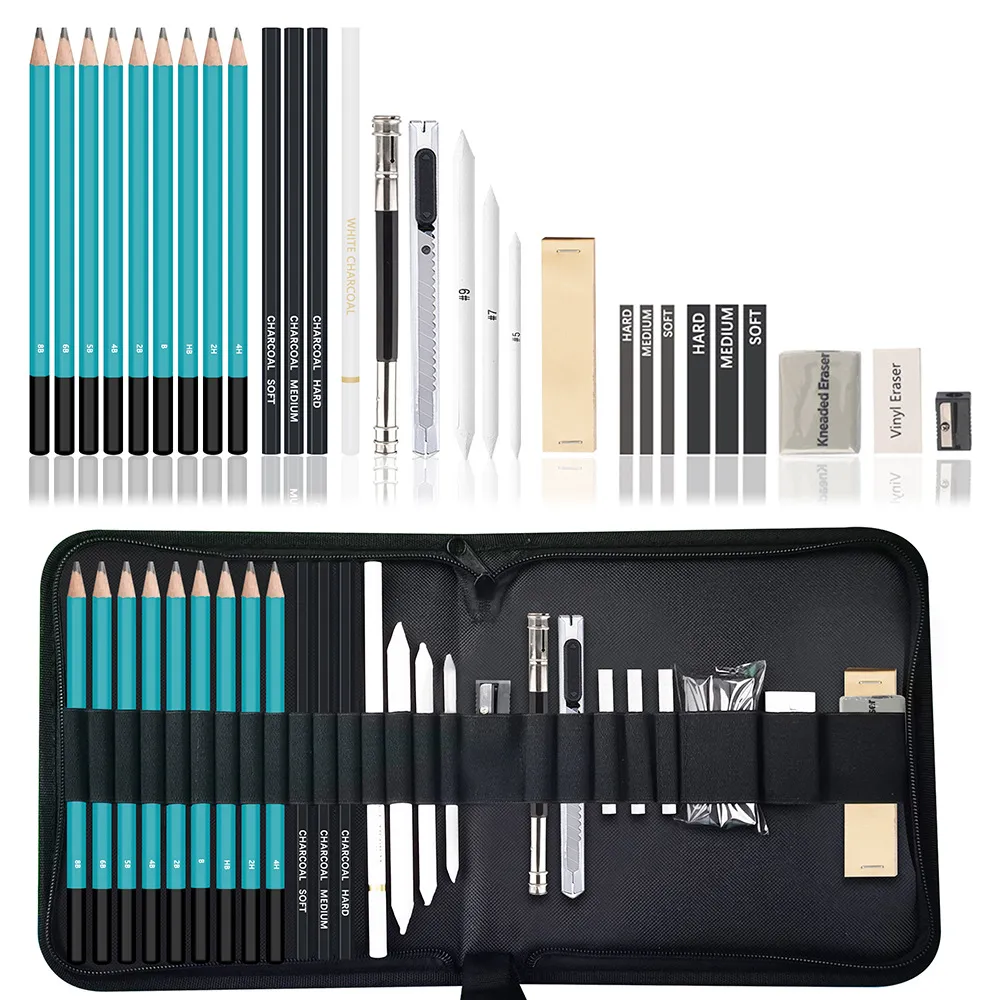 Professional Sketching Pencil Set Drawing Pencils With Eraser Charcoal Pencils Portable Zipper Case Art Supplies