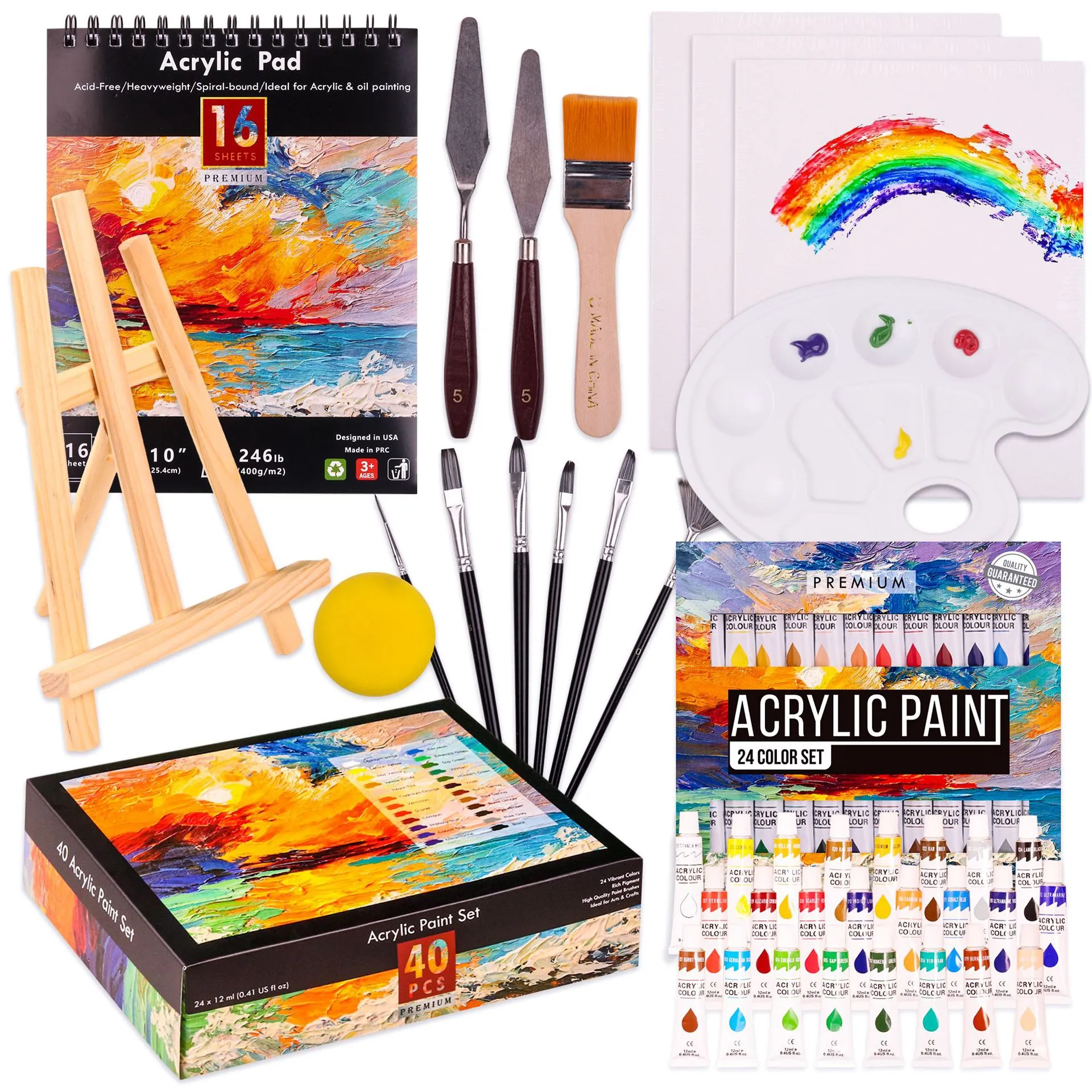 Pittura Acrilica Professionale Colori Vivaci Forniture per Pittura d'Art con Blocco per Schizzi Pennelli E Tavolozza per Artisti